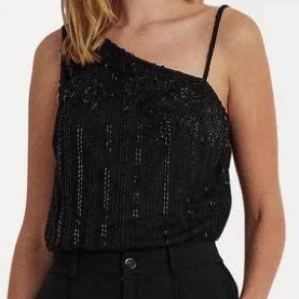 🆕‎ Lauren Ralph Lauren Black Beaded Mesh Camisole Top SZ M